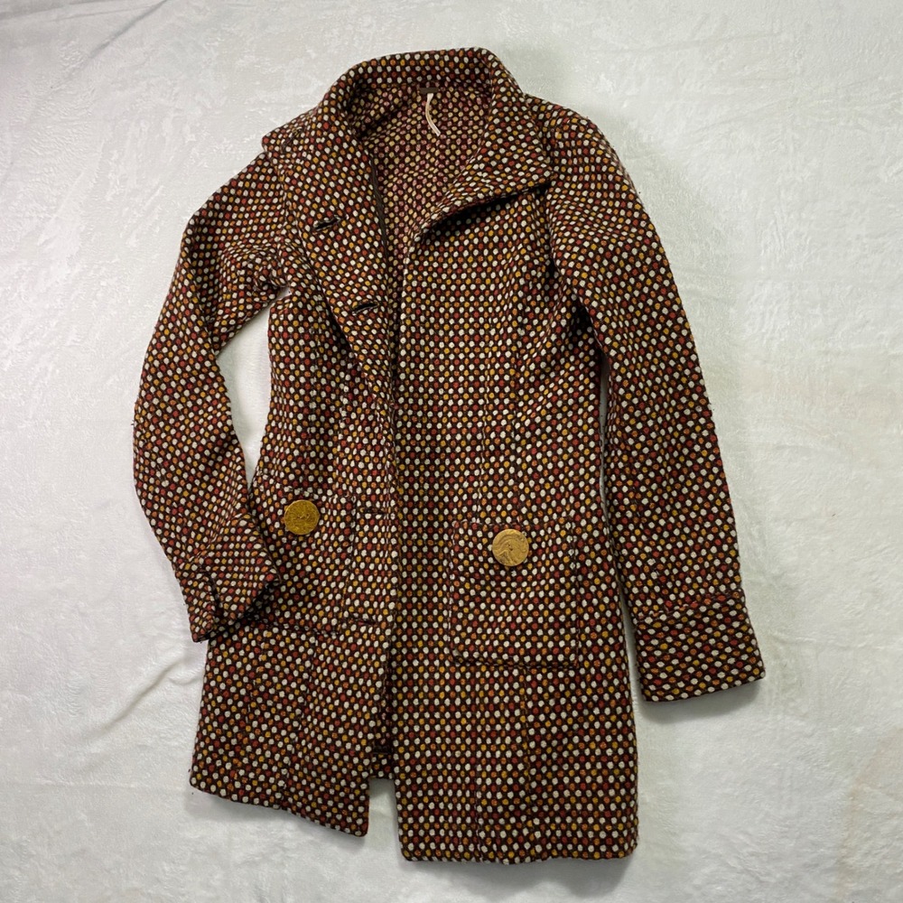 Free People Wool Blend Dotted Pea Coat 2 Brown Multi Retro Boho Women